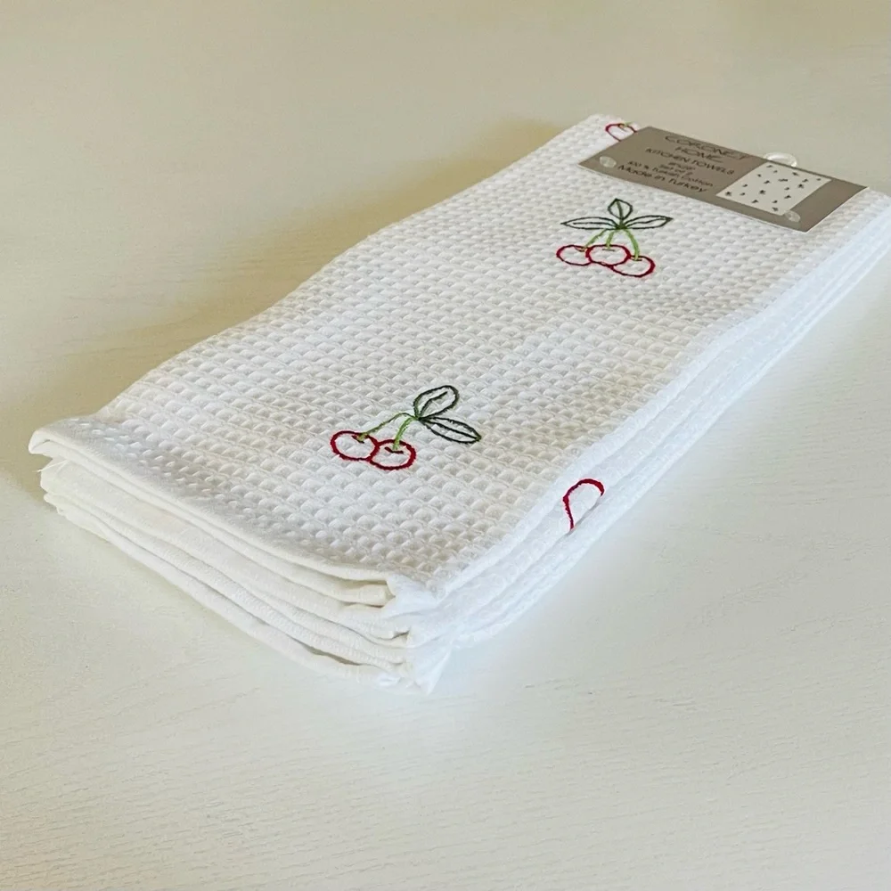 Coronet Home, White, Cherry Red Embroidered Kitchen Towels, Sz 18x28